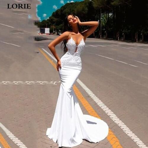 LORIE 2020 New Satin Mermaid Wedding Dresses Lace Appliques Strapless Wedding Gowns Princess Party Turkey Vintage Bridal Gowns