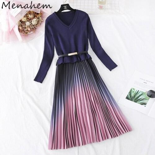 Menahem Autumn Winter Knitted Patchwork Gradient Pink Pleated Dress Women Long Sleeve Office One-Piece Sweater Dress With Belt