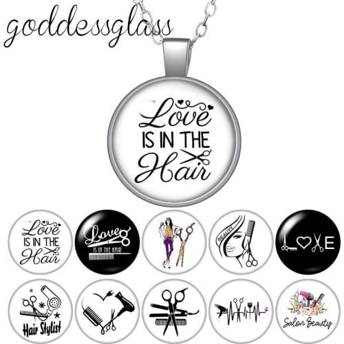 Love is in the hair hair stylist Haircut Round Glass glass cabochon silver plated/Crystal pendant necklace jewelry for Gift