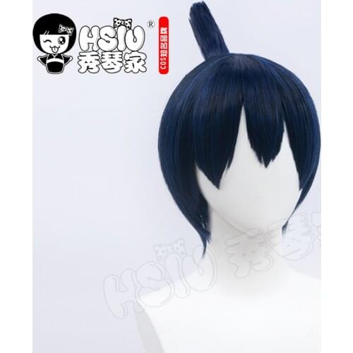 HSIU Anime Chainsaw Man Cosplay Hayakawa Aki Wig Blue and black short hairpin ponytail +Free gift brand wig cap