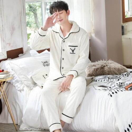 Plus Size Nightwear Long Sleeve Winter Thicken Warm Flannel White Pajamas Sets Soft Sleepwear Male Men Pyjamas Set Pijama 3XL