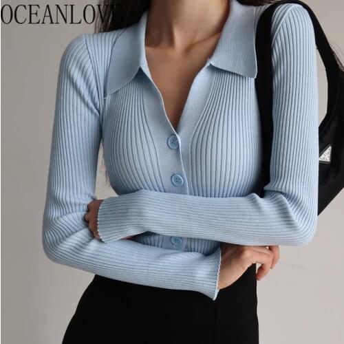 OCEANLOVE Sueter De Mujer Solid Slim Short Sexy Autumn Winter Cardigans Turn Down Collar Single Breasted Casual Sweaters Women