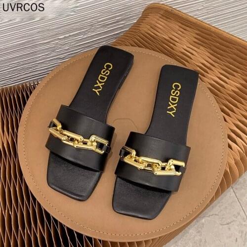 Plus Size Summer Womens Slippers Flats Metal Chain Ladies Slides Square Toe Flip Flops Woman Beach Slipper Slip On Female Shoes