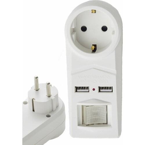 16A 250V European Type Conversion Plug Power Strip Socket Plug Sockets Dual USB Ports EU Plug with switch