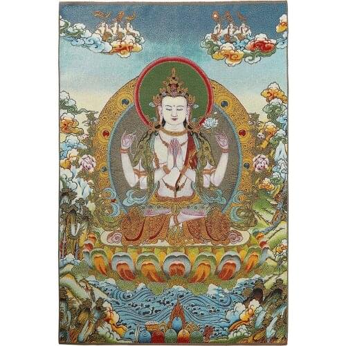 Thangka with Four Arms Kwan Yin Avalokitesvara Lotus Seat Wall Hanging