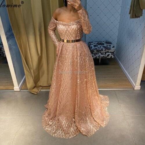 Plus Size Champagne Glitter Evening Dresses Long Sleeves Formal Evening Gowns Dubai Prom Dresses Women Party Night Sukienki