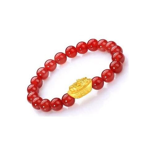Fine Real 999 24K Yellow Gold Red Agate Women 3D Pixiu Bead Bracelet 1-1.3g