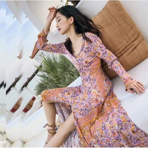 Women Long Maxi Dresses Bohemia V-neck full Sleeve Floral Print Ethnic Summer Beach Female Split Stylish Style Dress HC025
