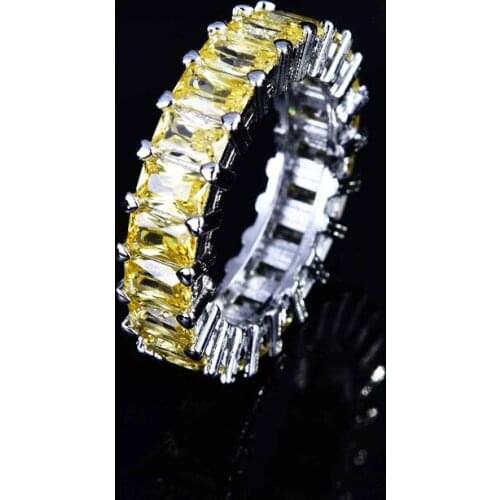 2021 Trend Round Ring Inlay Rectangular Yellow Zircon Luxury 925 Silver Jewelry For Women Wedding Cocktail Party Gift Wholesale