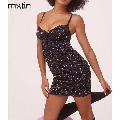 2021 Women Summer Fashion Sexy Floral Print Lace Mini Dress Vintage Backless Tin Straps Female Party Dresses Vestidos Mujer