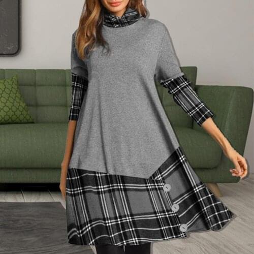 Fashion Dress Long-sleeve Plaid Stitching Round Neck Long Dresses Button Hem Loose Ladies Autumn Tops 3XL High Neck Casual Dress