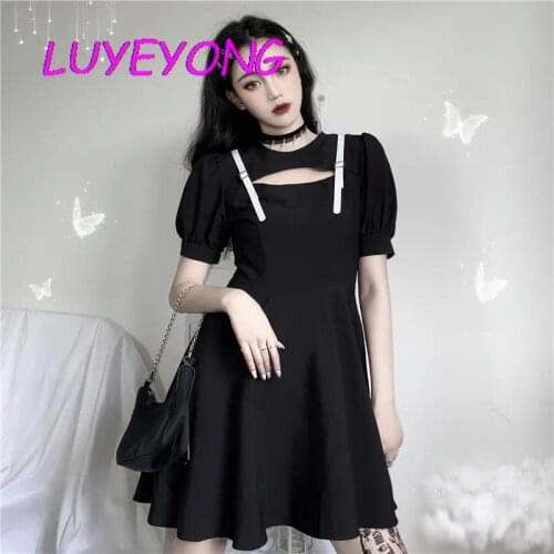 Lady Buckle Strap Pleated Dresses Short Sleeve Slim Goth Rock Hipster Party Streetwear Black Gothic Women Hollow Out Dress 2021