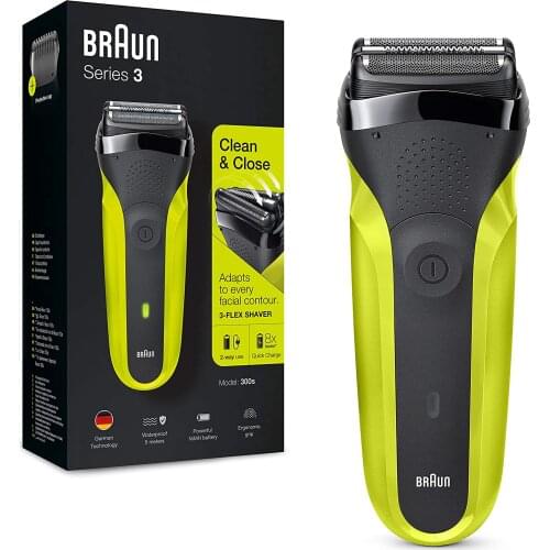 Braun Series 3 300 Electric Shaver, Mens Razor with 3 Flexible Blades, Rechargeable, Cordless, Washable, Black / Green Color