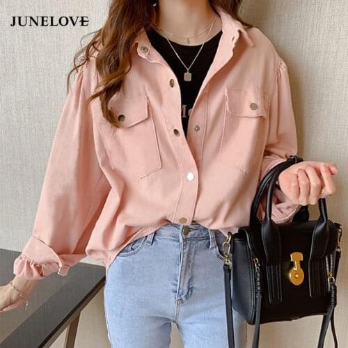 Blouses Shirts Women Autumn Pockets Long Sleeve Fashion Solid Korean Style Loose Students Chic Womens Vintage Street Elegant New
