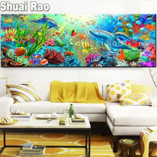 Large,Diamond Mosaic,Sea Dolphin Fish Diamond Pattern,Diamond painting Full square,Diamond Embroidery Underwater World,2021 Gift