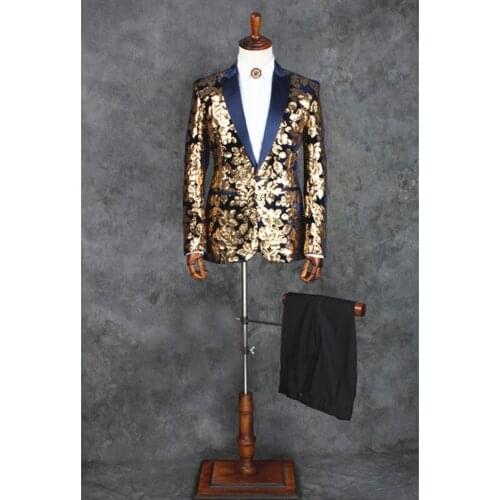 100%real mens stars/golden sequins embroidery black/blue tuxedo suit /event/evening/stage performance