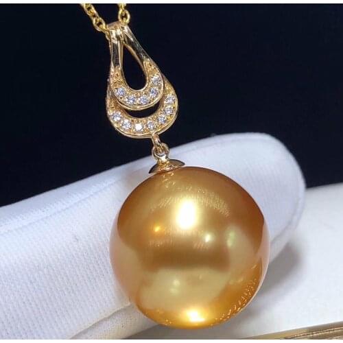 D119 Fine Jewelry 18K Gold Natural Ocean Golden Pearl 12-13mm Diamonds Pendants Necklaces for Women FIne Pearls Pendants