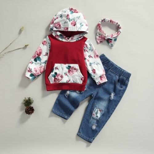 6M-3Y Kids Baby Girls Clothes Set Color Block Leopard Long Sleeve Hoodie + Ripped Jeans + Bowknot Headband 3 Pcs Autumn Outfits