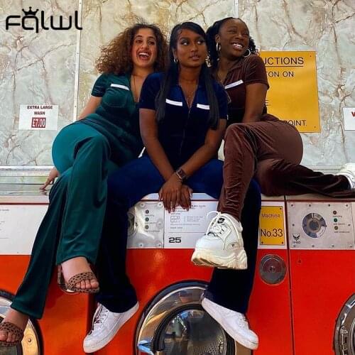 FQLWL Fall Streetwear Velvet Wide Leg Jumpsuit For Women 2021 Short Sleeve Zipper Bodycon Black Jumpsuits One Piece Outfit Women