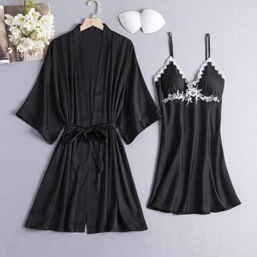 Kimono Gown Women Sleepwear Satin Robe Set Two Pieces Sleep Suit Lace Bathrobe Bridal Wedding Gift Lingerie Bathrobe Nightwear