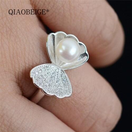 QIAOBEIGE DIY pearl Mountings Rings Accessory No pearl, S925 sterling silver shellfish finger ring raw material gift for women