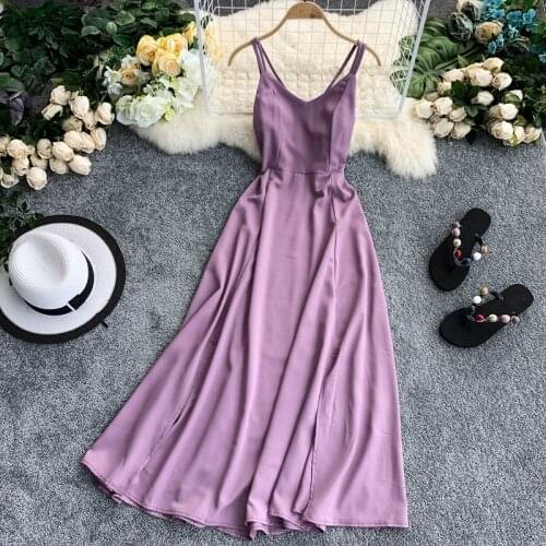 Summer Womens Dress Holiday Style Retro Solid Color V-neck Cross Sling Dress New Open Back Slimming Hem Slit Dresses HH182