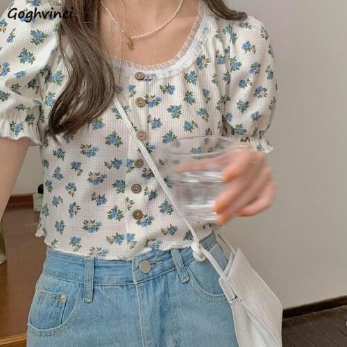 Summer Floral Short Puff Sleeve Shirts Women Lace Ruffles Elegant Retro Slim Crop Top Square Collar Sweet Sexy Girls Clothes Ins