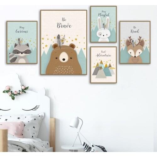 Bear Rabbit Fox Deer Nursery Canvas Painting Cartoon Nordic Posters And Prints Wall Art Pictures For Girl Boy Kids Room Decor