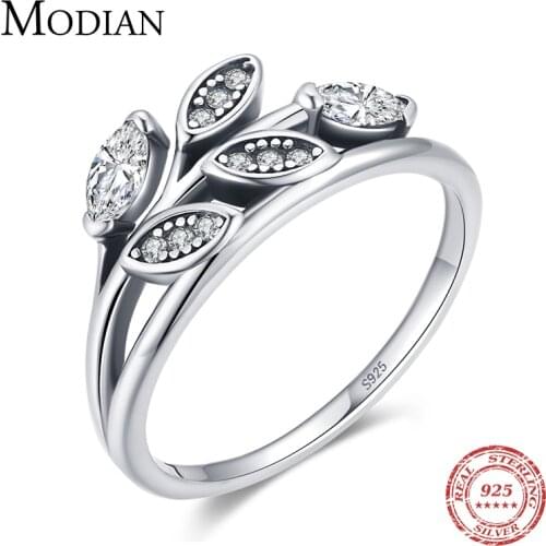 Modian Vintage Lucky Leaves Simple Ring Real 925 Sterling Silver Dazzling Clear CZ Tree of Life Finger Rings For Women Jewelry