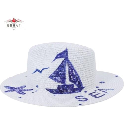 QBHAT 2021 Fashion New White Flat Brim Women Men Straw Sun Hats with Hand Painted Animal Pattern Wide Brim Panama Beach Jazz Cap