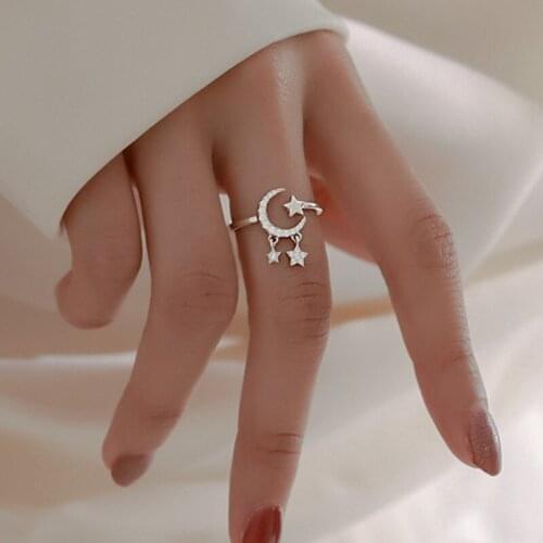 Fashion Crystal Moon Star Rings for Women Girl Sweet Minimalist Tassel Star Opening Ring Party Wedding Jewelry Gifts