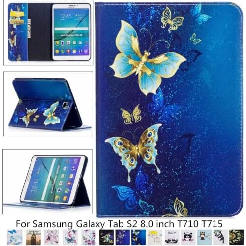 Fashion Tree Flower Butterfly Blue Black Wallet PU Leather Stand Cases For Samsung Tab S2 8.0 T710 T715 Tablet Book Cover + film