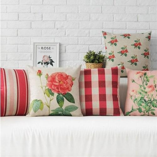 Nordic Rural Coral Pink Rose Home Decor Pillow Plaid and Stripers Linen Cotton Cushion Decorative Throw Pillows Free Shipping