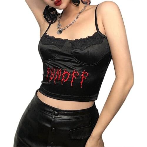 New Women Punk Style Spaghetti Strap Letter Embroidery Lace Patchwork Camisole Sexy Crop Cami Tops Chic Sexy Black
