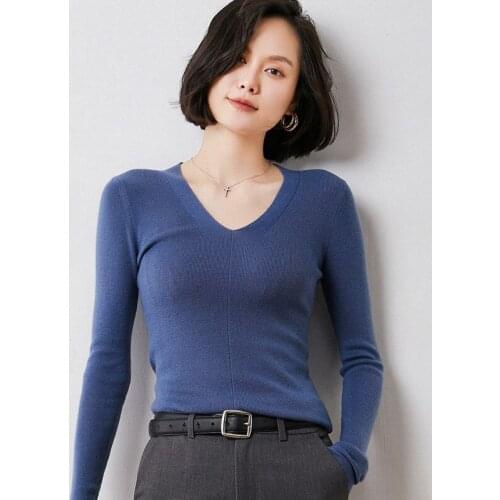 Autumn and Winter Women Pure Wool Sweater V-Neck Pullover Cashmere Sweater Slim Knitted Warm Base Shirt Free Shipping