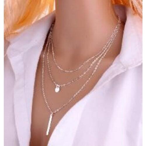Fashion Jewelry Simple Plaid Fringe Necklace Charm Female Necklace Copper Bead Chain Sequins Metal Strip Multilayer Necklace