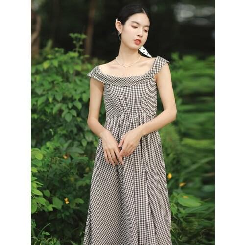 French Elegant Design Sensual Collar Coffee Check Backless Cotton and Linen Dress Vacation Style Robe Femme Retro Fashion Dress