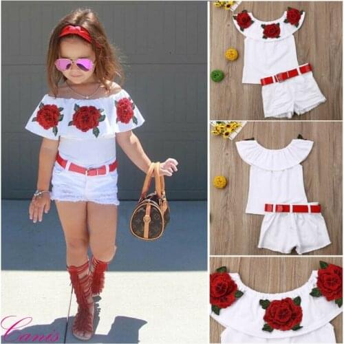 Pudcoco 2020 Cute Baby Girl Kids Floral Shirts Top+Ripped Denim Shorts Outfit Clothes 1-7Y