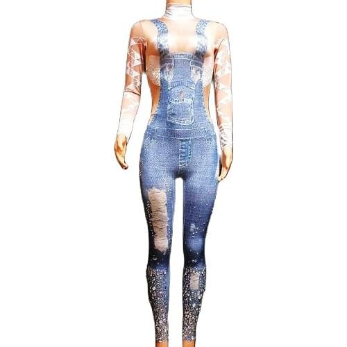 Long Sleeve Pile Collar Women Fake Two Pieces Sets Shining Diamonds Tight Stretch Denim Jumpsuits Party Performance Stage Wear