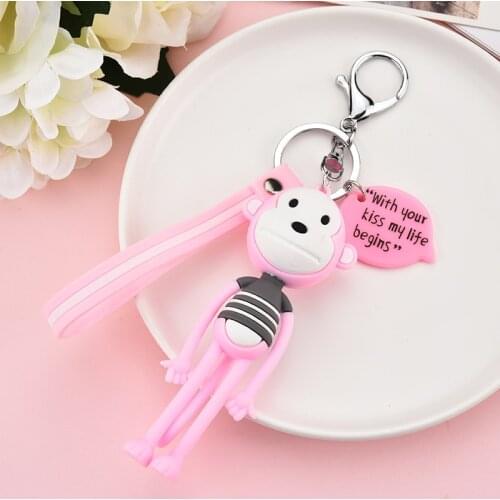 Cartoon Cute Animal Monkey Panther Keychain Rabbit Fur Ball Pom Pom Key Rings Bells Key Chains Women Car Bag Pendant EH362