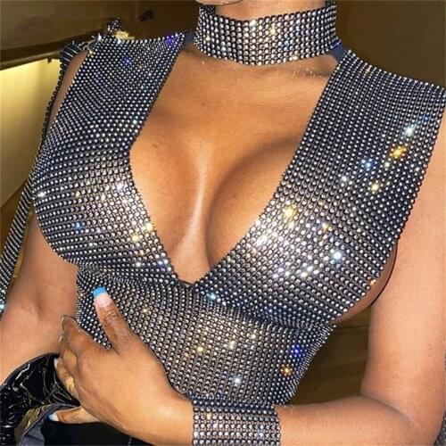 Sexy Solid Deep V Sequins Rhinestone Vest Ropa Mujer Tops Women Nightclub Bar Singer Gogo jazz Dance Tops
