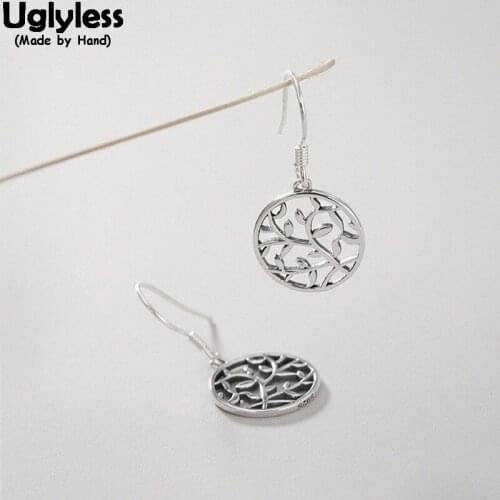 Uglyless Handmade Hollow Hope Tree Earrings for Women 100% Real Solid 925 Silver Round Earring Simple Fashion Plant Fine Jewelry