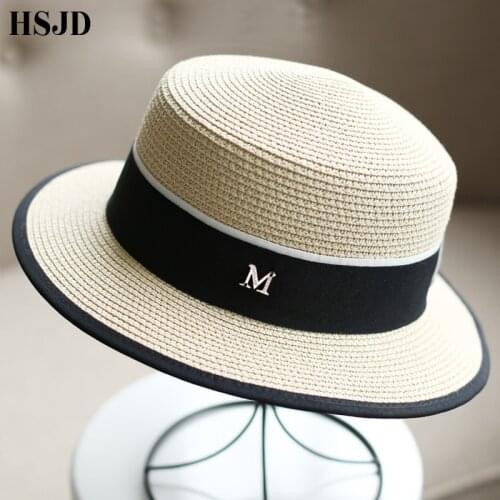 M Letter Ribbon Round Flat Top Straw beach hat Lady Boater sun caps M panama straw fedora womens travel Sun cap gorras