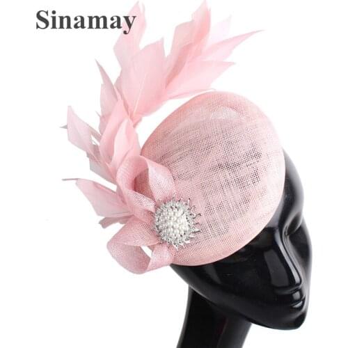 High Quality 4 Layer Sinamay Fascinator Hat For Women Formal Dress Fedora Cocktail Headwear Headband With Feather Hair Accessory