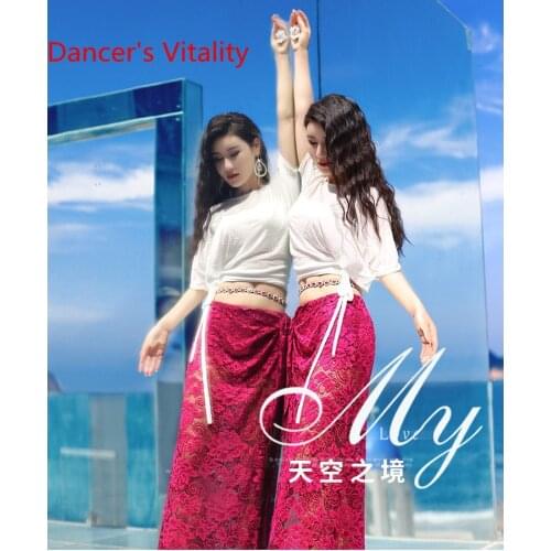 Belly Dance Training Suit 2020 New Summer Dance Dress Womens Lace Skirt loose Half Sleeves Top+Long Skirt India Dance Clothes