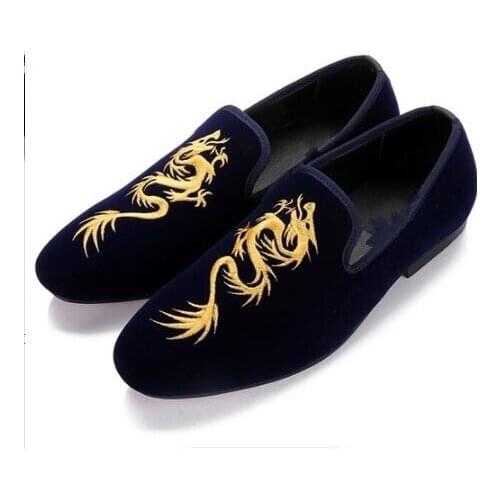 Embroidery Dragon Driving Loafers Flat heel Lazy Shoes for men Flat heel Blue Black Velvet Leisure Shoes