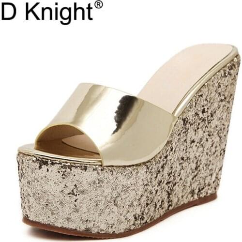 Sexy Sequins Wedges slippers Bling Patent Leather Thick Platform Sandals Womens Shoes 2019 New Super High-heeled Slides Woman