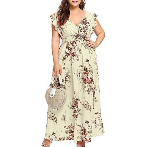 Women Dresses Summer 2021 Plus Size Sexy V Neck Floral Print Boho Beach Long Chiffon Dress Sleeveless Sundress Female Vestidos