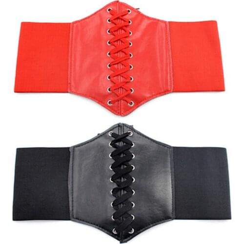 Tie Up Waist Belt Women Ultra Plus Wide Belt Faux Leather Elastic Corset Chain Belt Front All Match Dress Clothes Decoration
