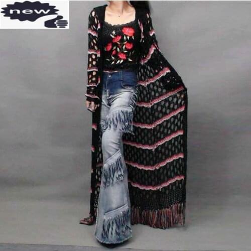 Italian Style Spliced Women Knitted Long Sweater Tassels Cardigan Hollow Out Female Casual Cap Maxi Poncho Outwear Coats